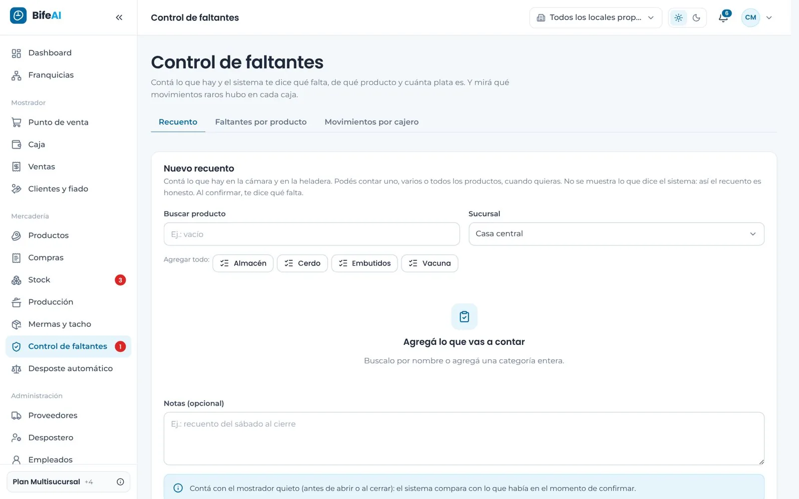 Pantalla de control de faltantes de BifeAI